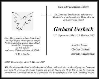 Anzeige von Gerhard Uesbeck von Westfälische Nachrichten