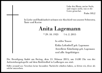 Anzeige von Anita Lagemann von Westfälische Nachrichten
