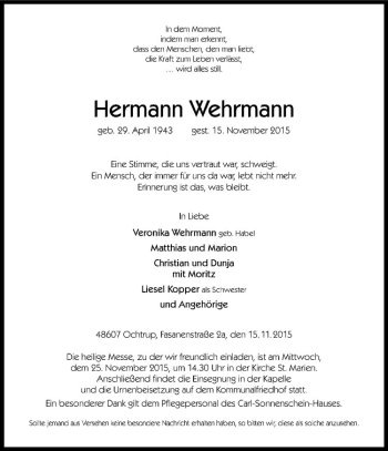 Anzeige von Hermann Wehrmann von Westfälische Nachrichten