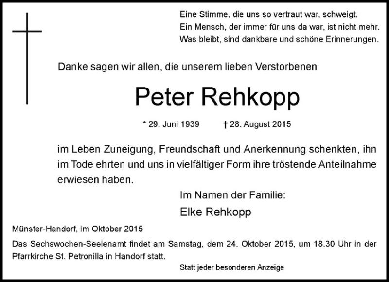 Traueranzeige für Peter Rehkopp vom 20.10.2015 aus Westfälische Nachrichten