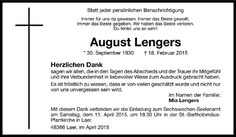  Traueranzeige für August Lengers vom 08.04.2015 aus Westfälische Nachrichten