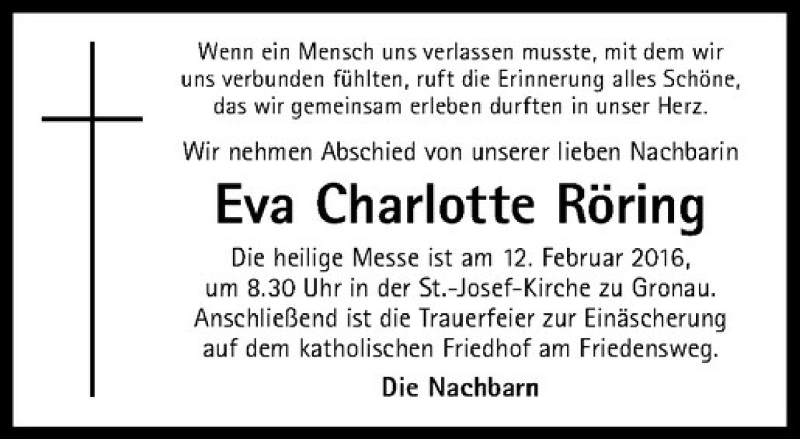  Traueranzeige für Eva Charlotte Röring vom 11.02.2016 aus Westfälische Nachrichten