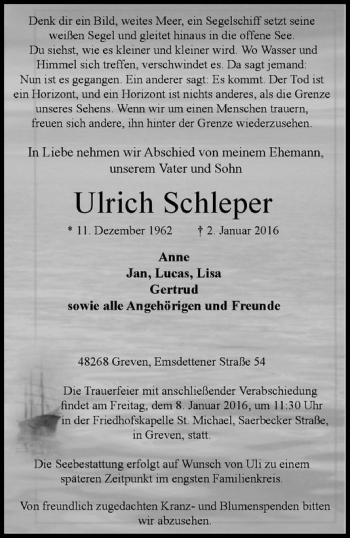 Anzeige von Ulrich Schleper von Westfälische Nachrichten