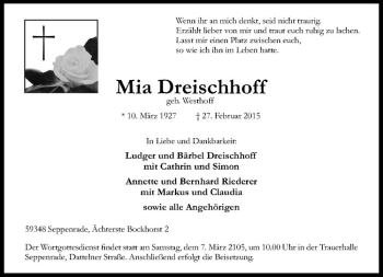 Anzeige von Mia Dreischhoff von Westfälische Nachrichten