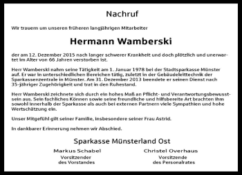 Anzeige von Hermann Wamberski von Westfälische Nachrichten