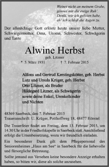 Anzeige von Alwine Herbst von Westfälische Nachrichten