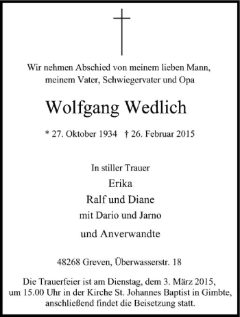 Anzeige von Wolfgang Wedlich von Westfälische Nachrichten