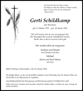 Anzeige von Gerti Schildkamp von Westfälische Nachrichten