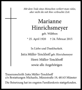 Anzeige von Marianne Hinrichsmeyer von Westfälische Nachrichten