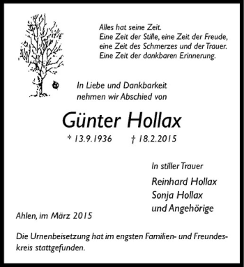 Anzeige von Günter Hollax von Westfälische Nachrichten