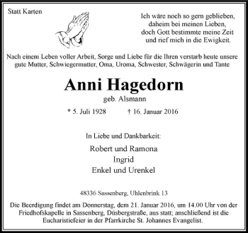 Anzeige von Anni Hagedorn von Westfälische Nachrichten