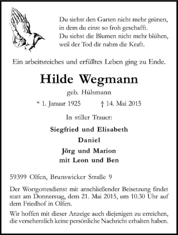 Anzeige von Hilde Wegmann von Westfälische Nachrichten