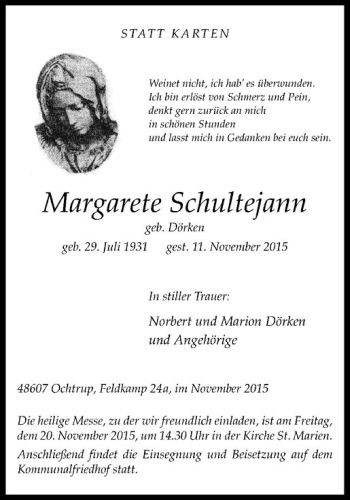 Anzeige von Margarete Schultejann von Westfälische Nachrichten
