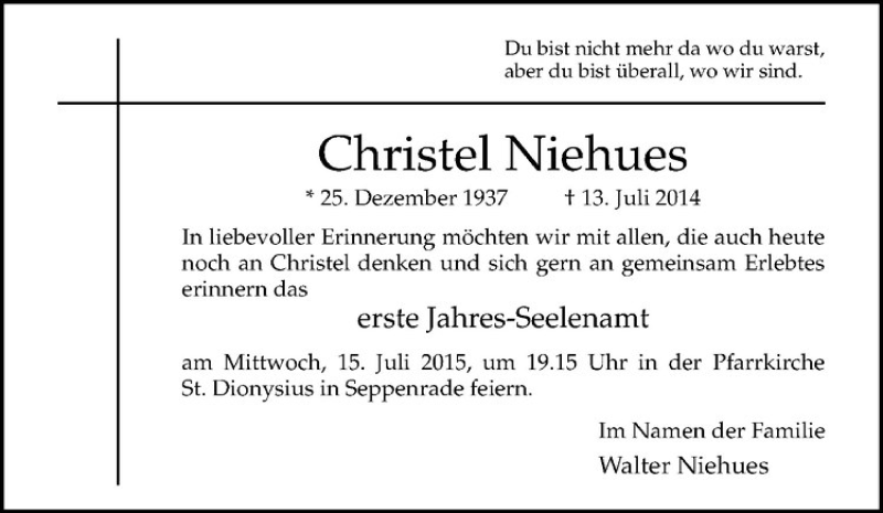  Traueranzeige für Christel Niehues vom 11.07.2015 aus Westfälische Nachrichten