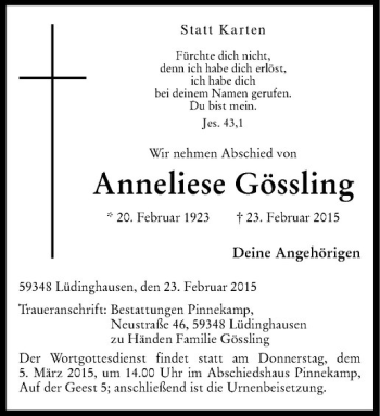 Anzeige von Anneliese Gössling von Westfälische Nachrichten