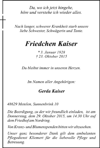 Anzeige von Friedchen Kaiser von Westfälische Nachrichten