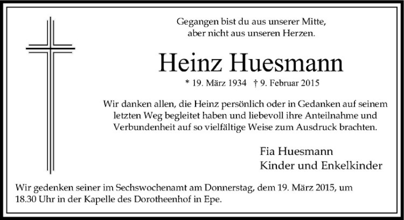  Traueranzeige für Heinz Huesmann vom 14.03.2015 aus Westfälische Nachrichten