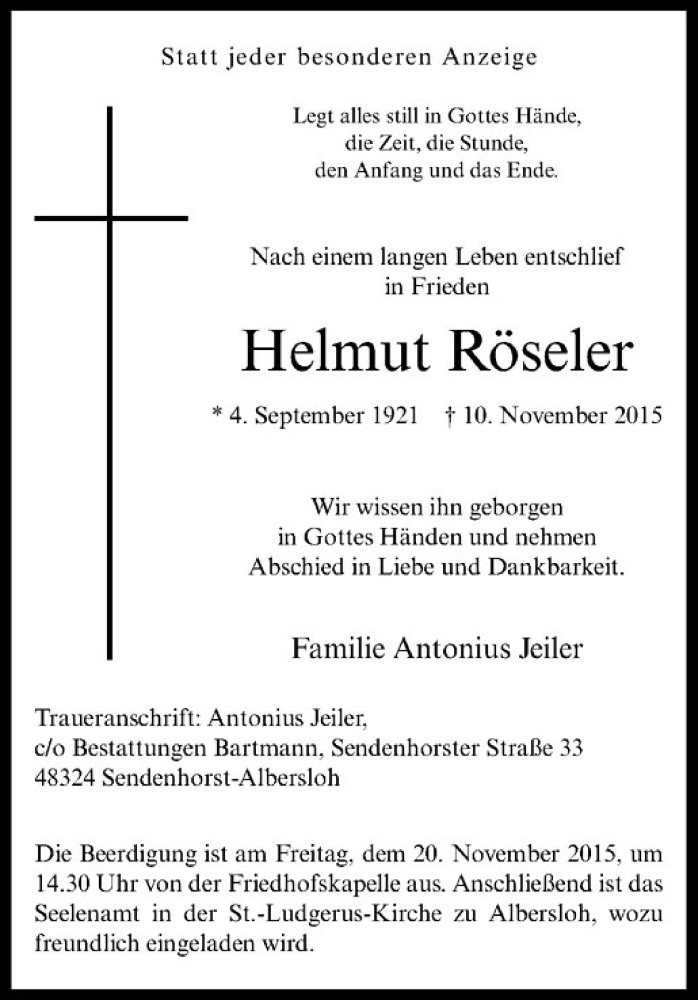  Traueranzeige für Helmut Röseler vom 14.11.2015 aus Westfälische Nachrichten