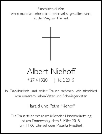 Anzeige von Albert Niehoff von Westfälische Nachrichten