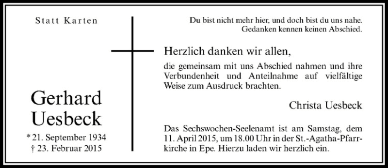 Traueranzeige für Gerhard Uesbeck vom 08.04.2015 aus Westfälische Nachrichten