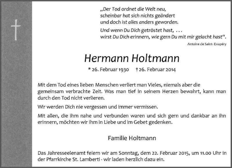  Traueranzeige für Hermann Holtmann vom 18.02.2015 aus Westfälische Nachrichten