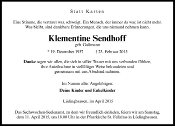Anzeige von Klementine Sendhoff von Westfälische Nachrichten