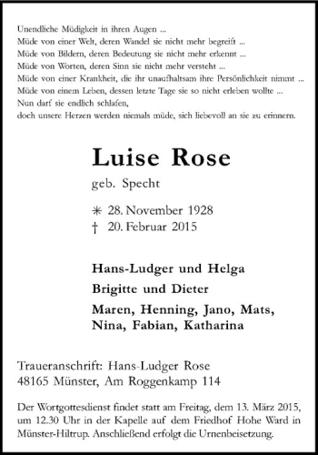 Anzeige von Luise Rose von Westfälische Nachrichten