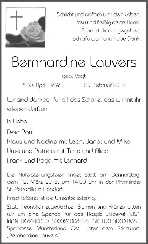  Traueranzeige für Bernhardine Lauvers vom 02.03.2015 aus Westfälische Nachrichten