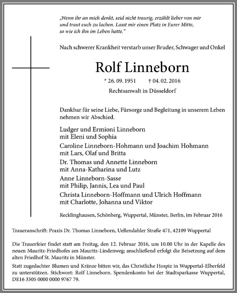  Traueranzeige für Rolf Linneborn vom 10.02.2016 aus Westfälische Nachrichten