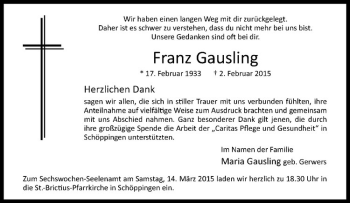 Anzeige von Franz Gausling von Westfälische Nachrichten