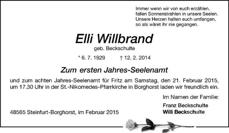  Traueranzeige für Elli Willbrand vom 14.02.2015 aus Westfälische Nachrichten