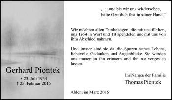 Anzeige von Gerhard Piontek von Westfälische Nachrichten