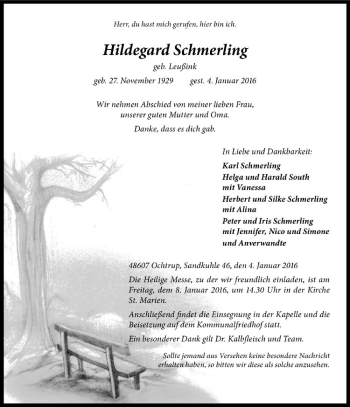 Anzeige von Hildegard Schmerling von Westfälische Nachrichten