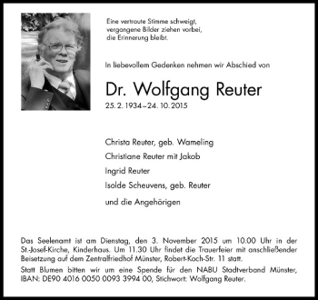 Anzeige von Wolfgang Reuter von Westfälische Nachrichten