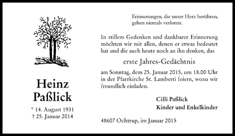  Traueranzeige für Heinz Paßlick vom 21.01.2015 aus Westfälische Nachrichten