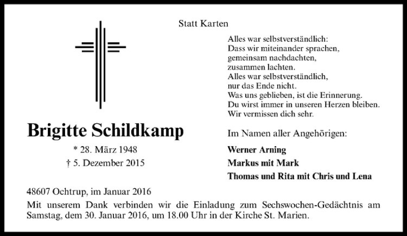  Traueranzeige für Brigitte Schildkamp vom 27.01.2016 aus Westfälische Nachrichten