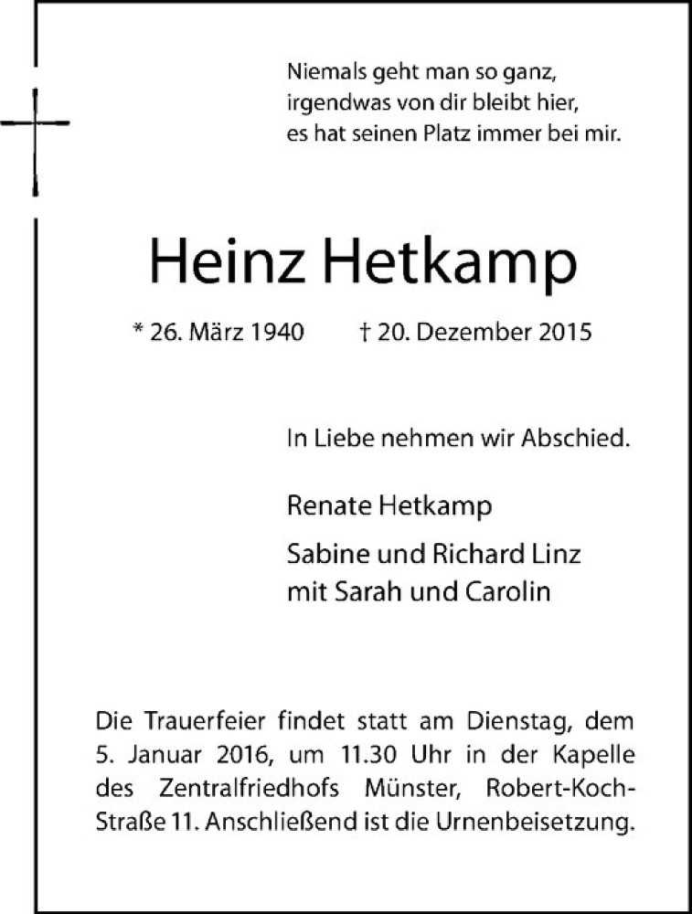  Traueranzeige für Heinz Hetkamp vom 30.12.2015 aus Westfälische Nachrichten