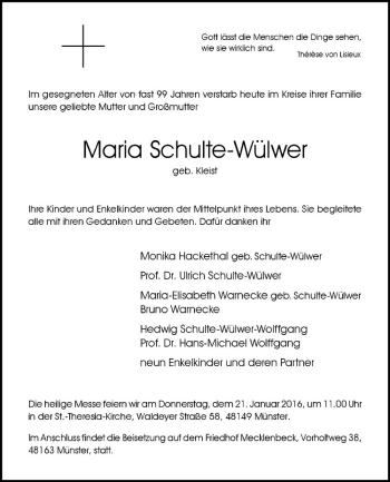 Anzeige von Maria Schulte-Wülwer von Westfälische Nachrichten
