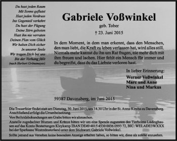 Anzeige von Gabriele Voßwinkel von Westfälische Nachrichten