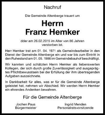 Anzeige von Franz Hemker von Westfälische Nachrichten