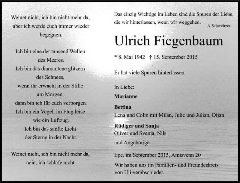  Traueranzeige für Ulrich Fiegenbaum vom 22.09.2015 aus Westfälische Nachrichten
