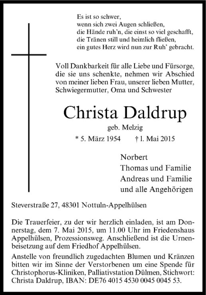  Traueranzeige für Christa Daldrup vom 04.05.2015 aus Westfälische Nachrichten