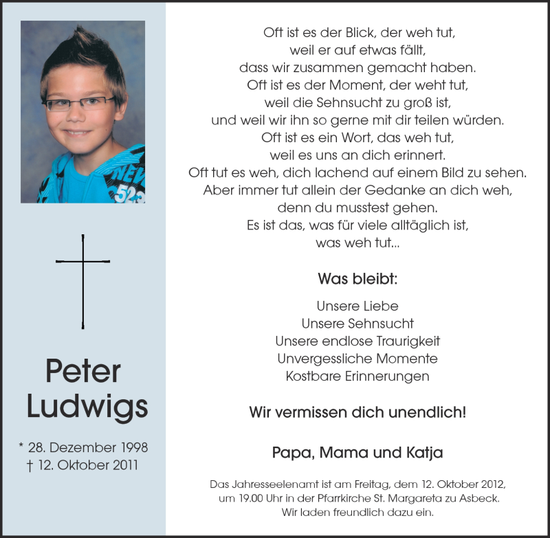  Traueranzeige für Peter Ludwigs vom 06.10.2012 aus Münstersche Zeitung und Münsterland Zeitung