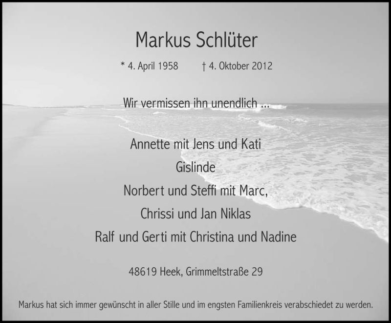  Traueranzeige für Markus Schlüter vom 10.10.2012 aus 