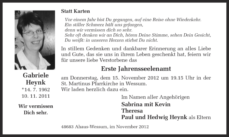  Traueranzeige für Gabriele Heynk vom 13.11.2012 aus Münstersche Zeitung und Münsterland Zeitung
