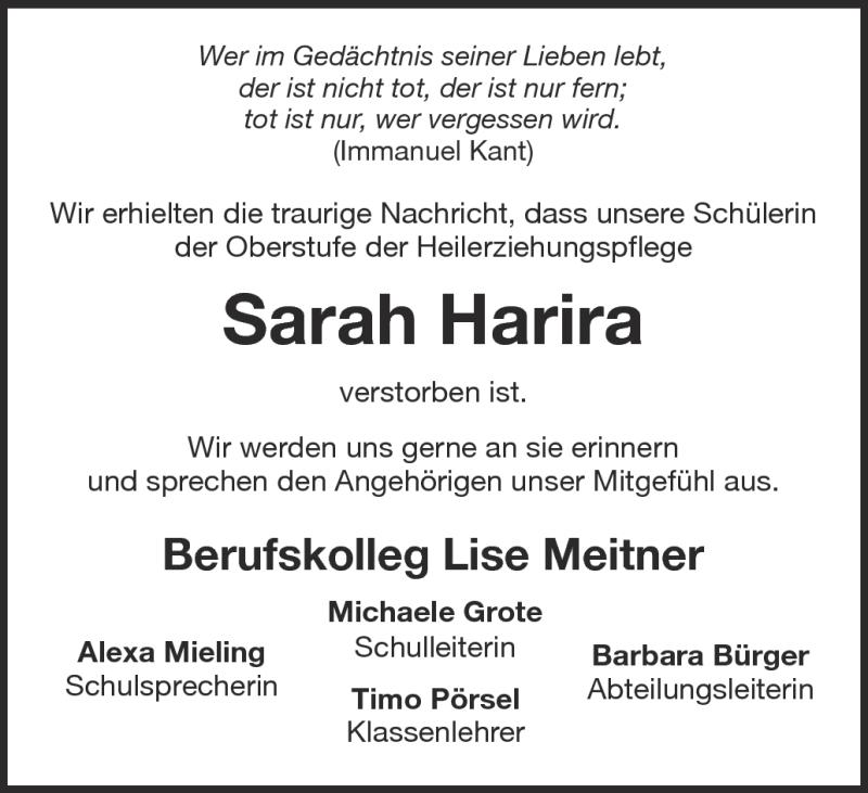  Traueranzeige für Sarah Harira vom 01.11.2012 aus Münstersche Zeitung und Münsterland Zeitung