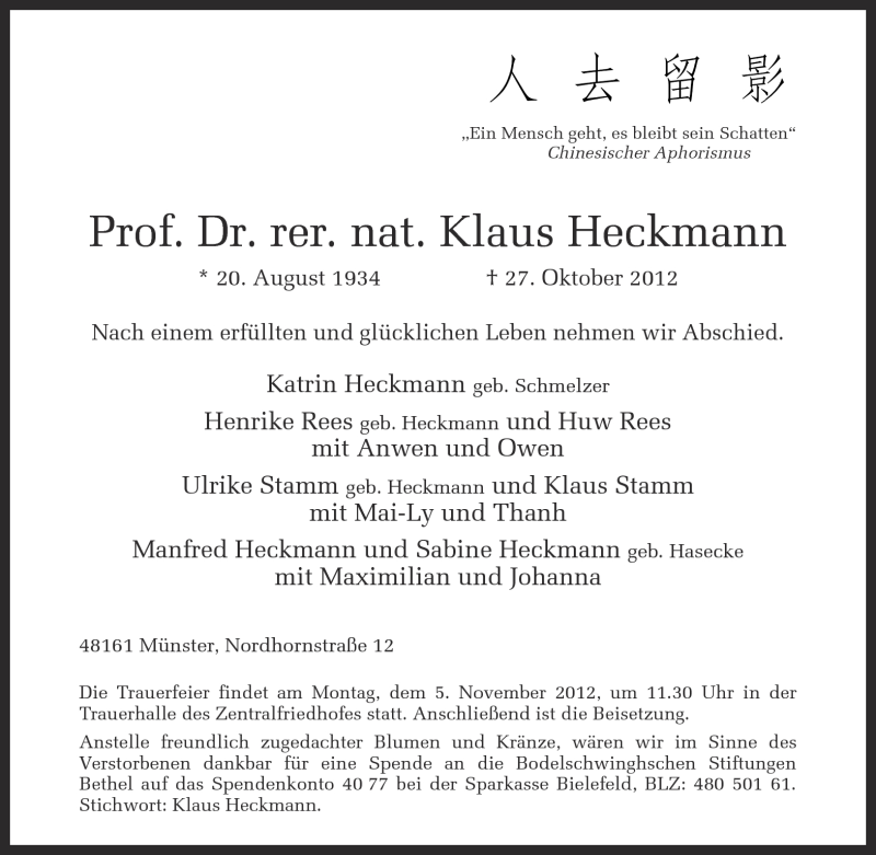  Traueranzeige für Klaus Heckmann vom 03.11.2012 aus Münstersche Zeitung und Grevener Zeitung