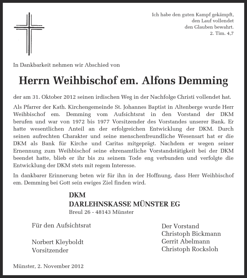  Traueranzeige für Alfons Demming vom 03.11.2012 aus Münstersche Zeitung, Emsdettener Volkszeitung, Grevener Zeitung und Münsterland Zeitung