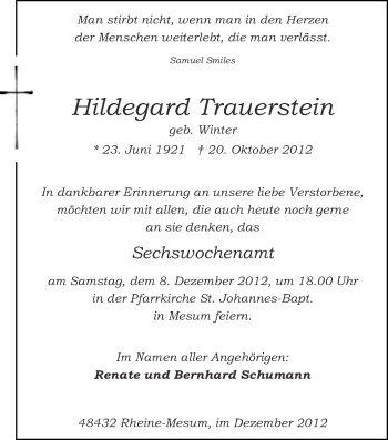 Anzeige von Hildegard Trauerstein von Münstersche Zeitung und Emsdettener Volkszeitung