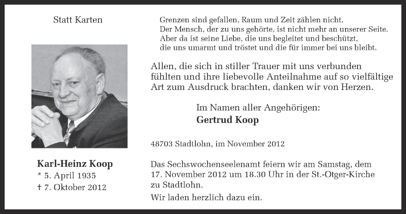  Traueranzeige für Karl-Heinz Koop vom 14.11.2012 aus Münstersche Zeitung und Münsterland Zeitung
